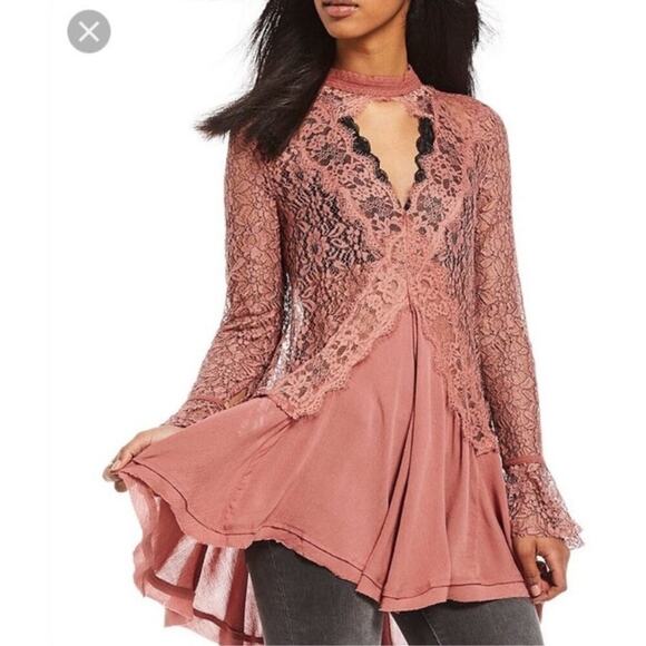 Free People Tell Tale Cutout Lace Tunic Mini Dress Rusty Rose in Rosey Coral - Picture 4 of 10
